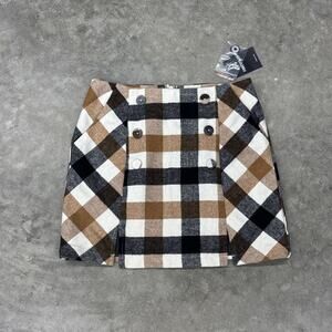 NWT Forever 21 Womens S Mini Skirt Brown Cream Plaid Pockets Button Front Lined